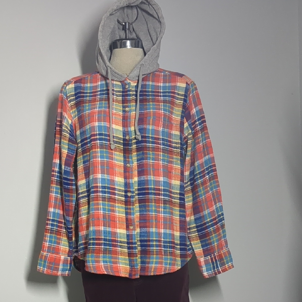 Time and Tru Multicolor Plaid Shirt with Hood